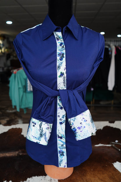 S - Winter Watercolor Floral on Navy Cotton Button Down