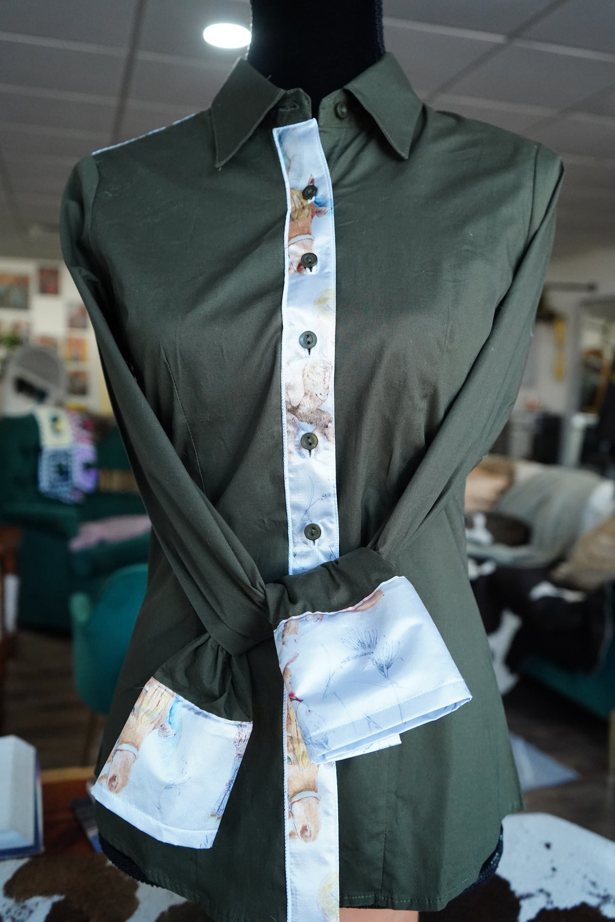 M - Raisin Cow Kids on Olive Cotton Button Down