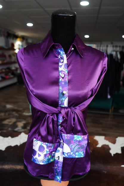 S - Purple Floral Skulls on Purple Satin w/ Fringe Button Down