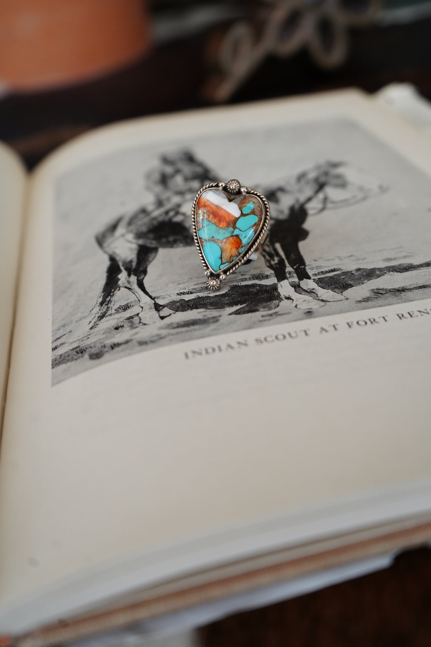 Orange Spiny Oyster & Turquoise Heart Ring - Adj