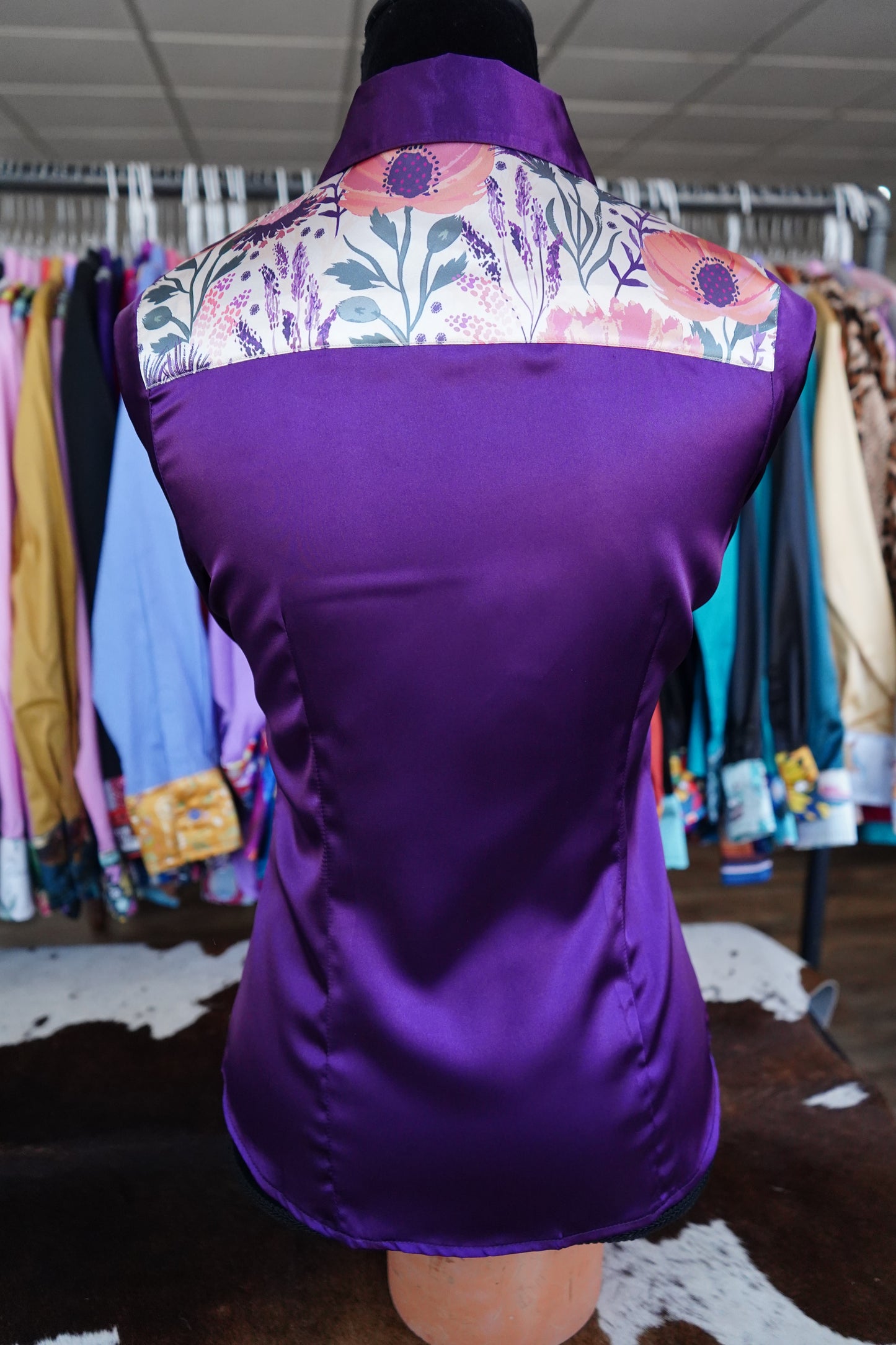 S - Plum & Coral Floral on Purple Satin Button Down