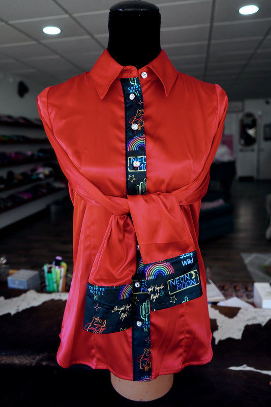 S - Neon Moon on Red Satin Button Down