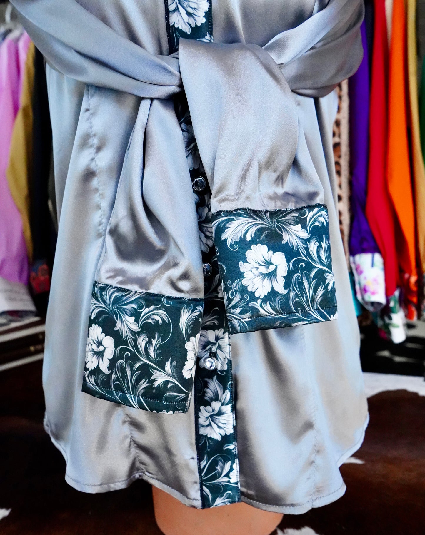 M - Black Floral Tooling on Silver Satin Button Down