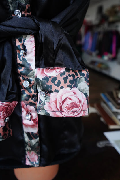 S - Pink Roses & Cheetah on Black Satin Button Down