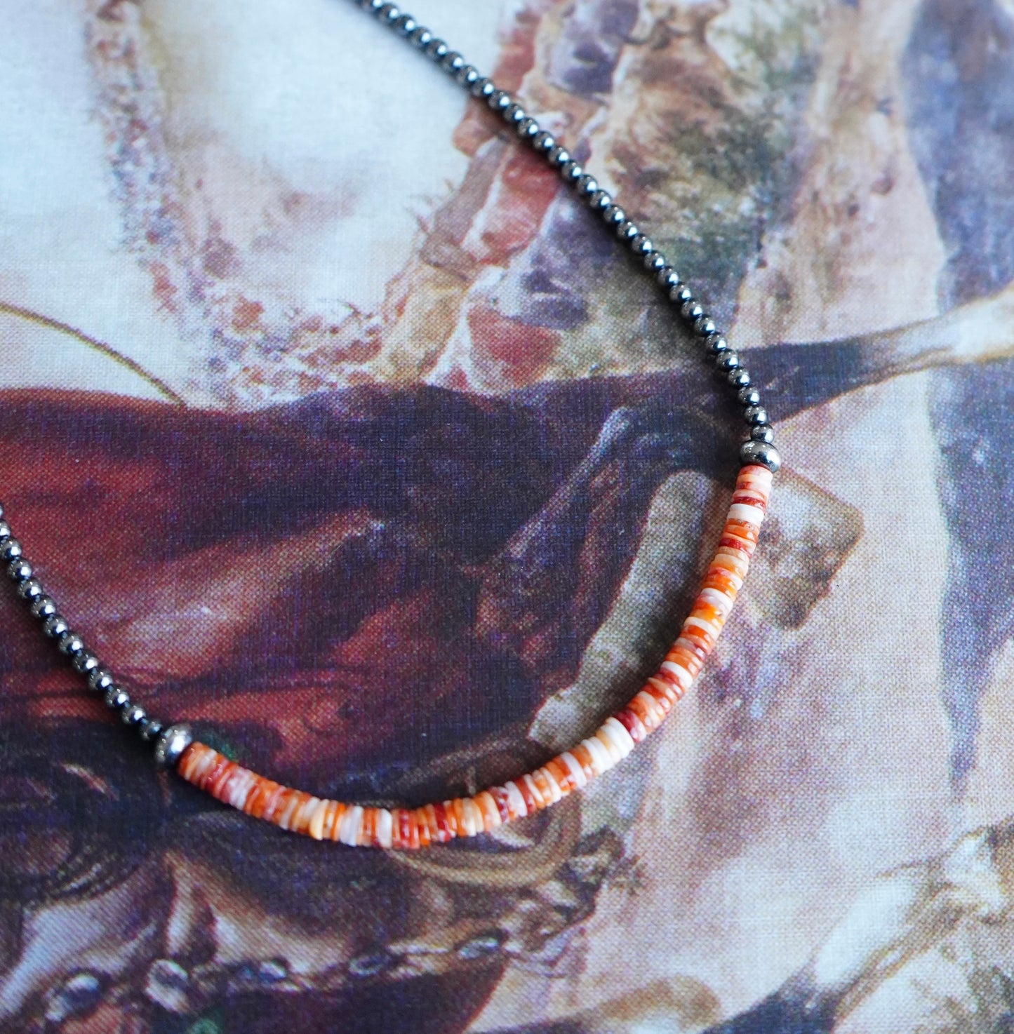 Sterling Silver Pearls w/ Orange Spiny Heishi Beads - 14”