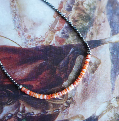 Sterling Silver Pearls w/ Orange Spiny Heishi Beads - 14”