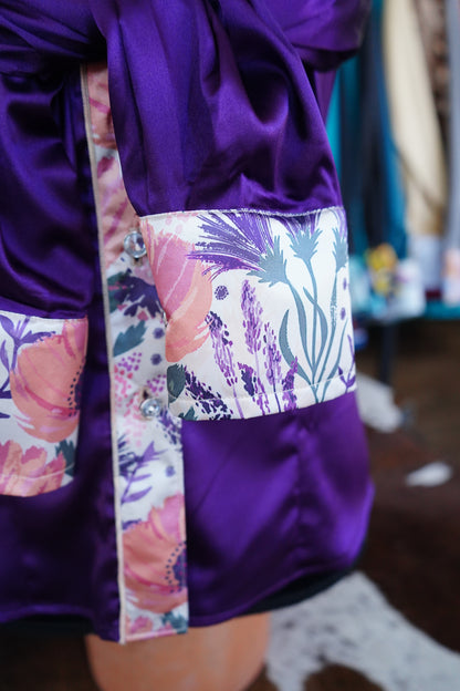 S - Plum & Coral Floral on Purple Satin Button Down