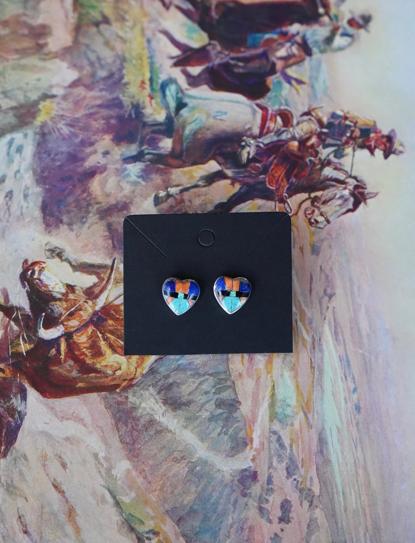 Multi Stone Inlay Heart Stud Earrings