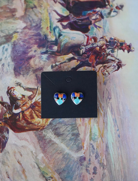 Multi Stone Inlay Heart Stud Earrings