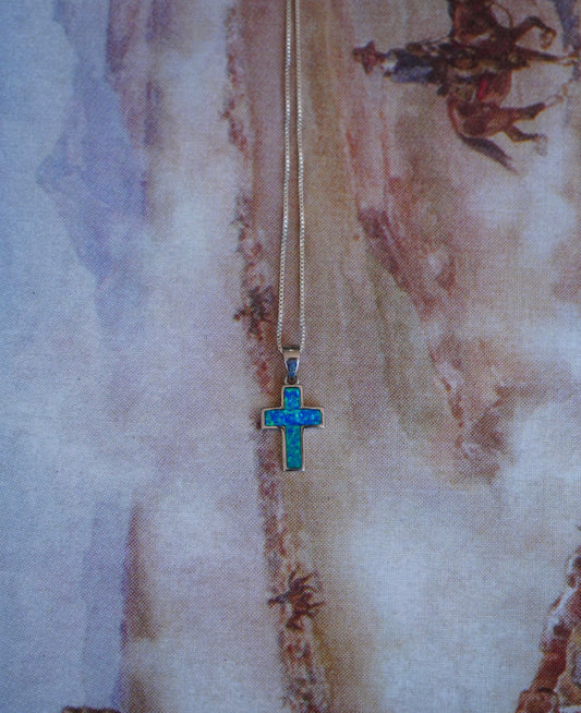 Dainty Blue Opal Cross Pendant