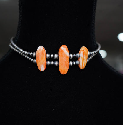 3 Stone Orange Spiny Double Sterling Silver Pearl Strand Chokers