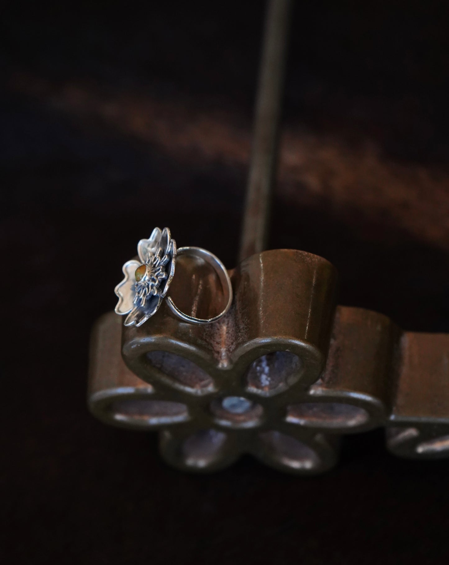 Turquoise & Opal Silver Flower Rings - Adj