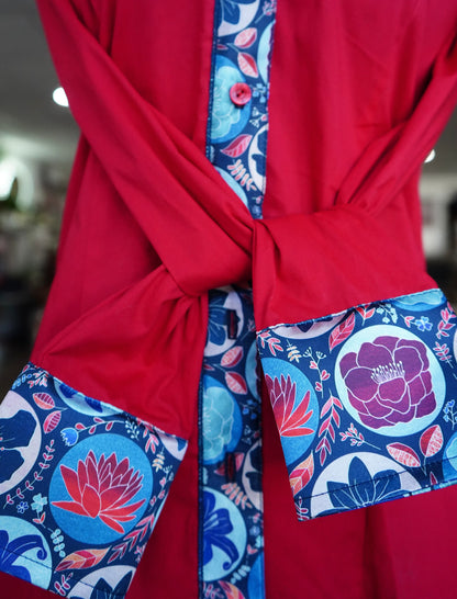 L - Patriotic Floral Stamps on Red Cotton Button Down