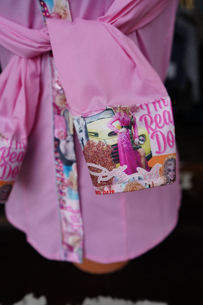 S - WWDD on Light Pink Cotton Button Down w/ Fringe