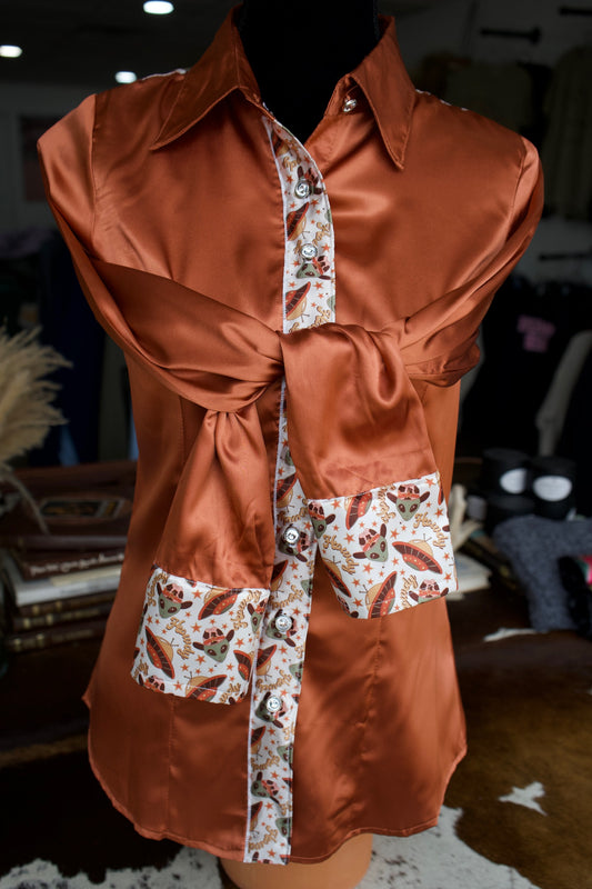 S - Aliens Flyin’ High on Rust Satin Button Down