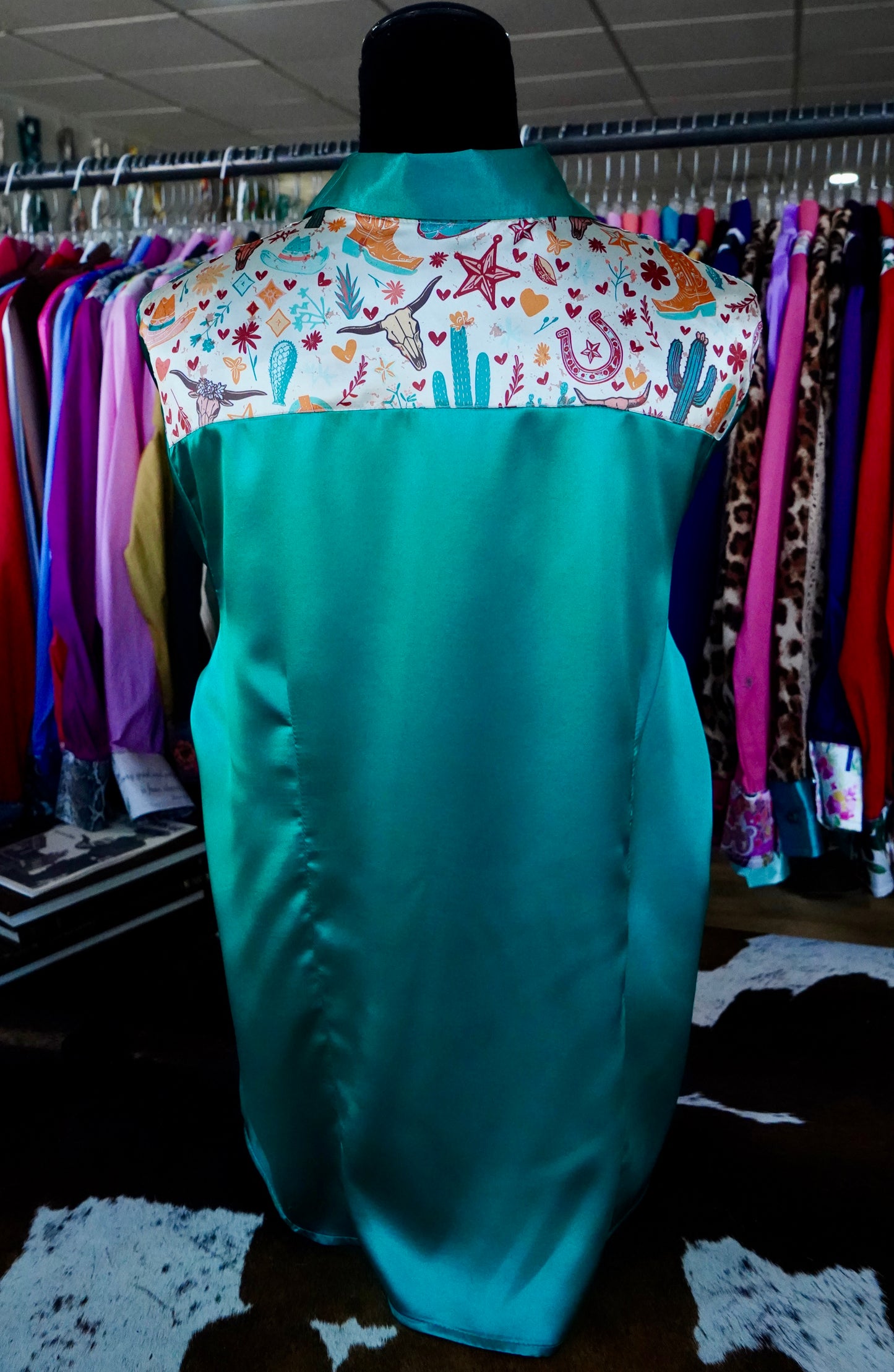 3XL - Western Emblems on Emerald Satin Button Down