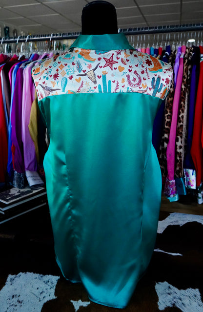 3XL - Western Emblems on Emerald Satin Button Down