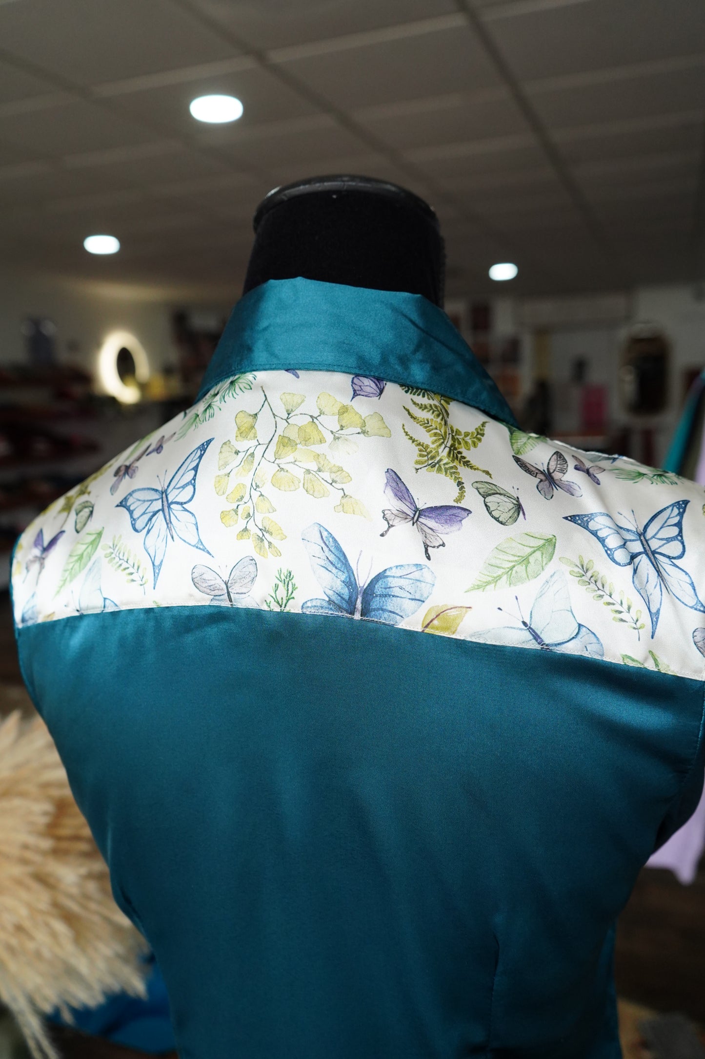 S - Butterflies & Leaves on Teal Button Down