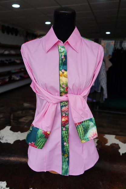 XL - Lg Blooming Cactus on Light Pink Cotton Button Down