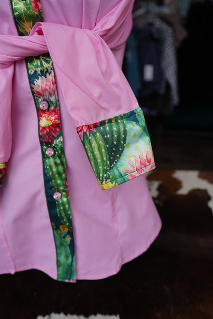XL - Lg Blooming Cactus on Light Pink Cotton Button Down