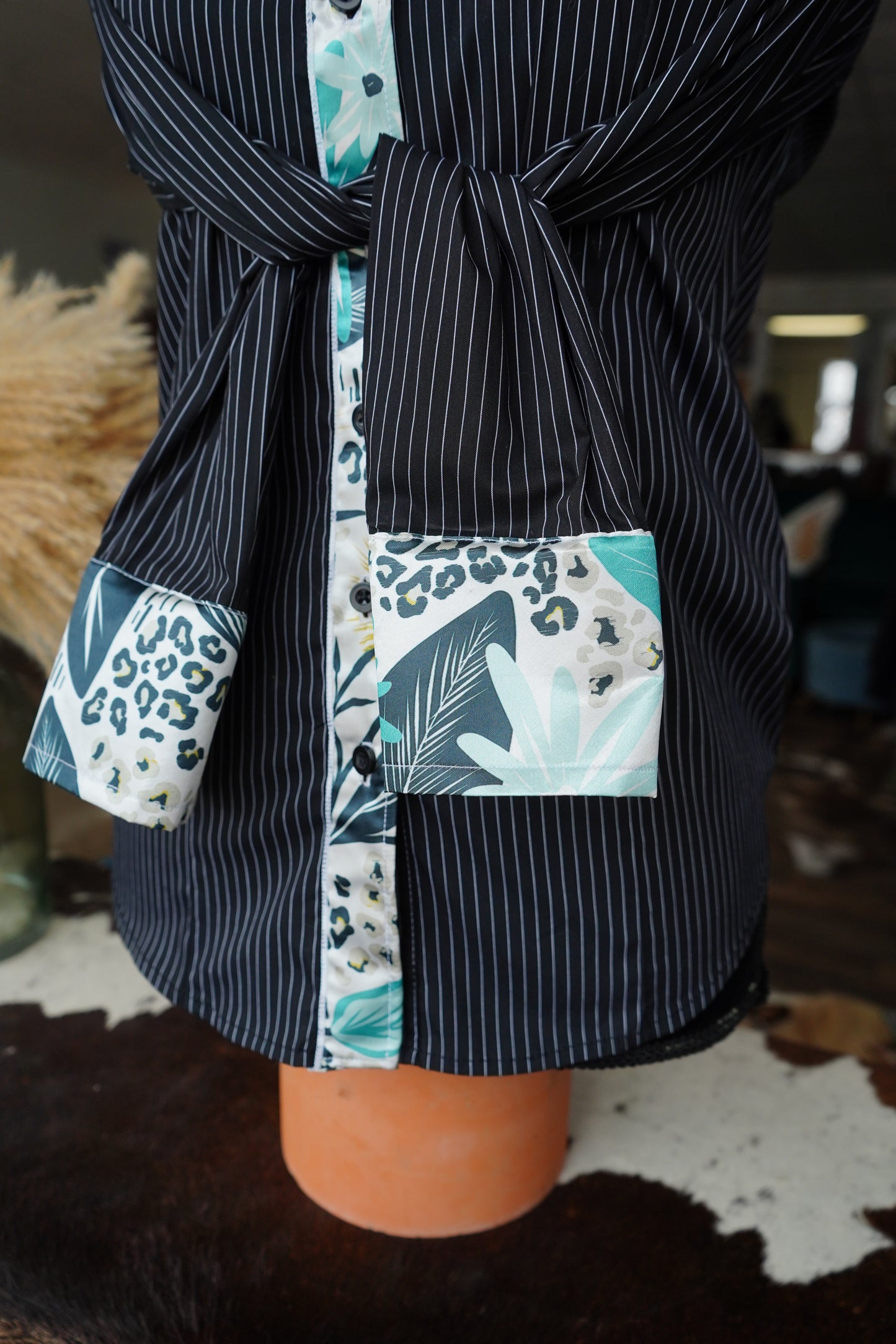 S - Turquoise Cheetah Florals on B/W Stripes Button Downs