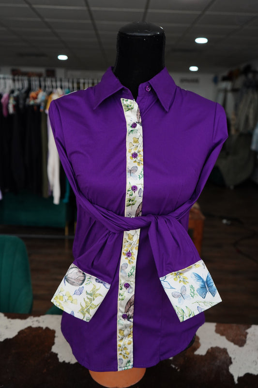 M - Butterflies & Leaves on Purple Cotton Button Down