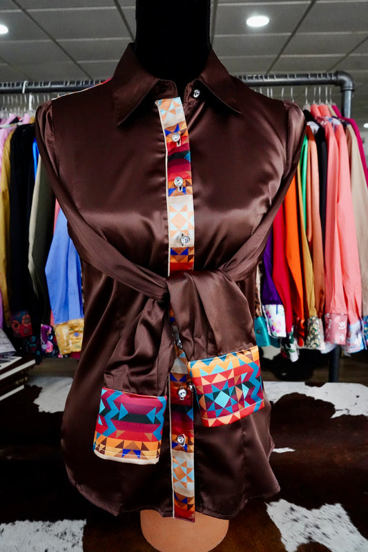 S - Sunrise Aztec on Brown Satin Button Down