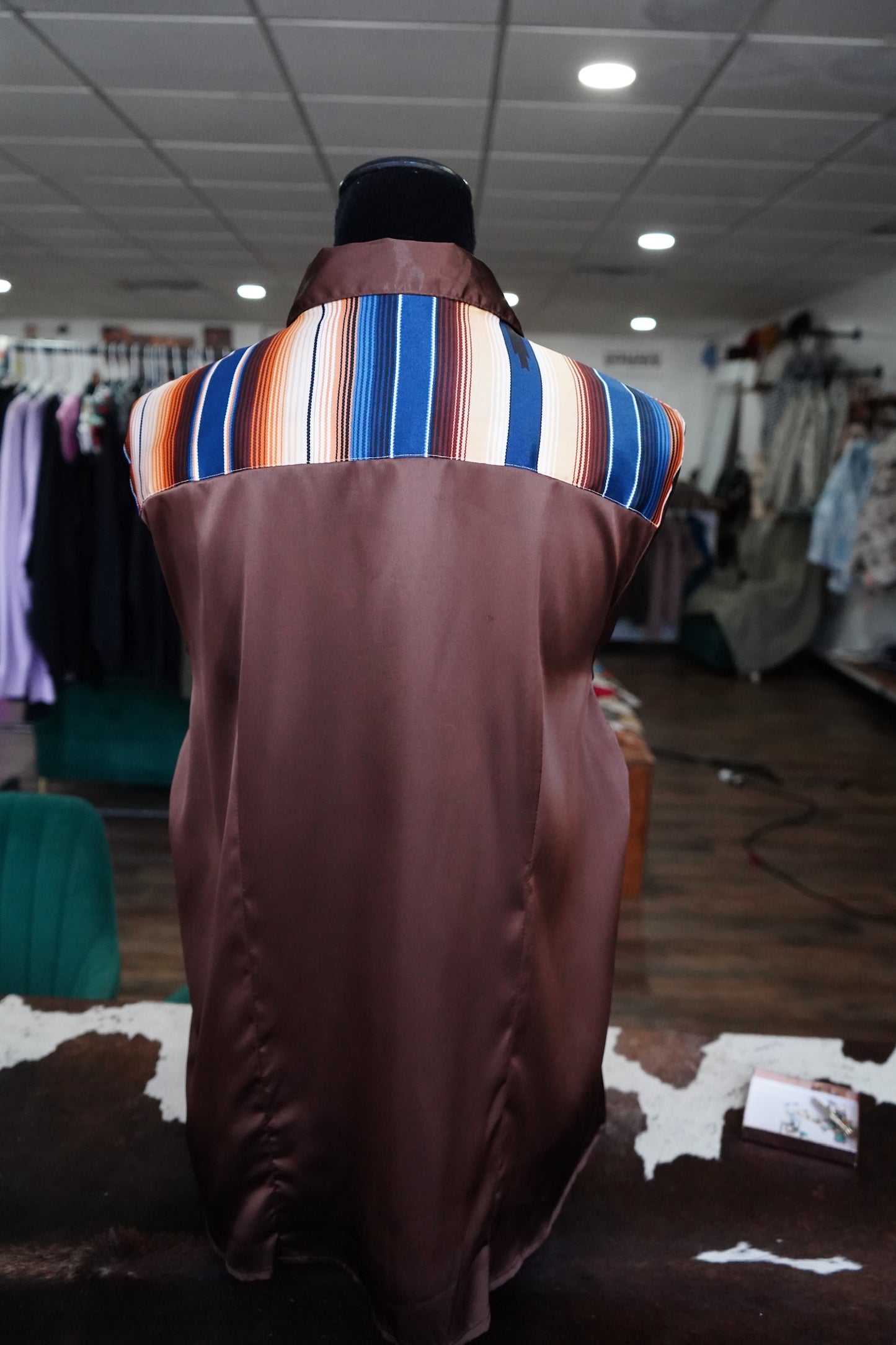 2XL - Navy & Brown Serape on Brown Satin Button Down