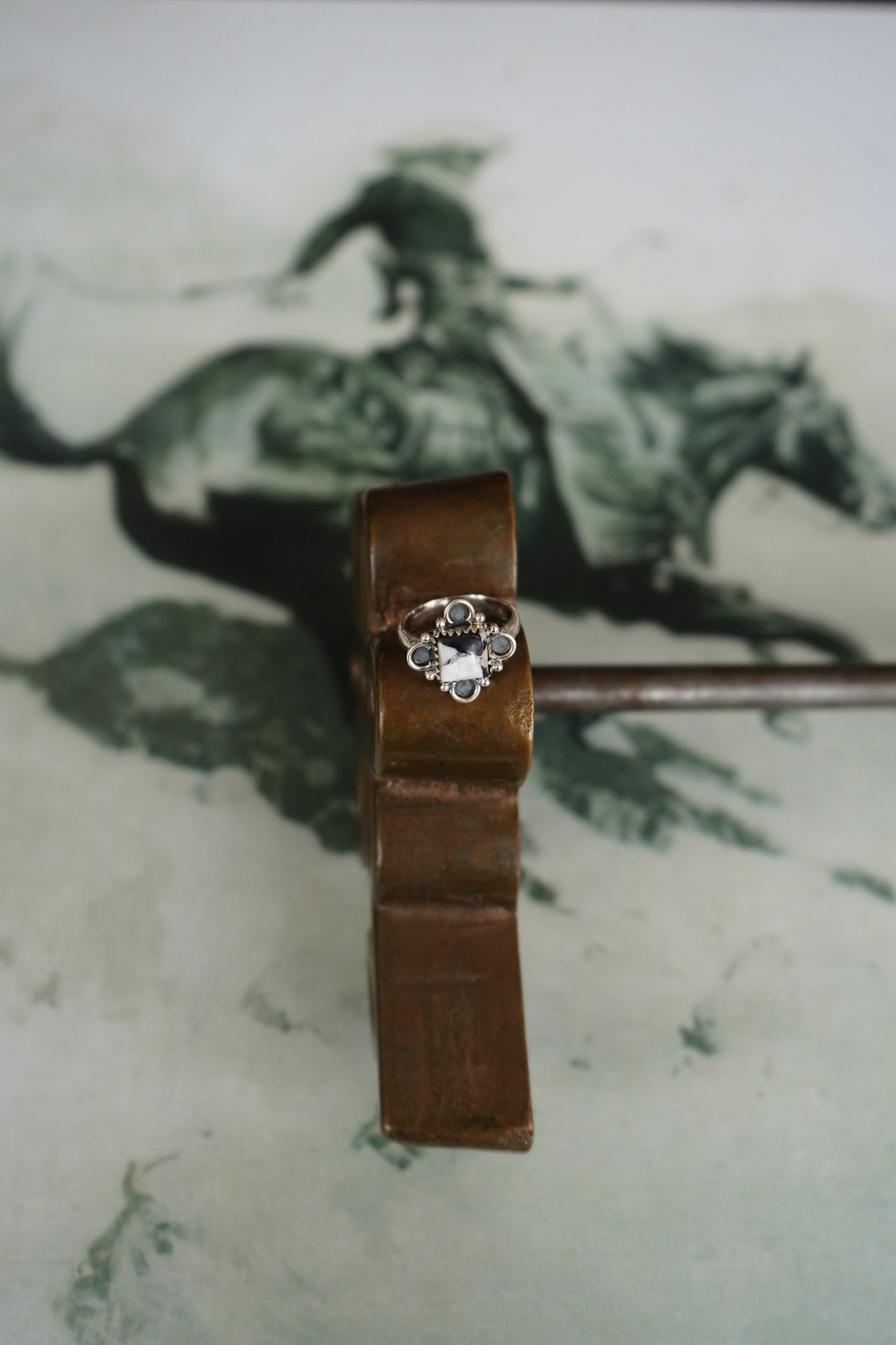 Square White Buffalo w/ Petals Ring - Adj