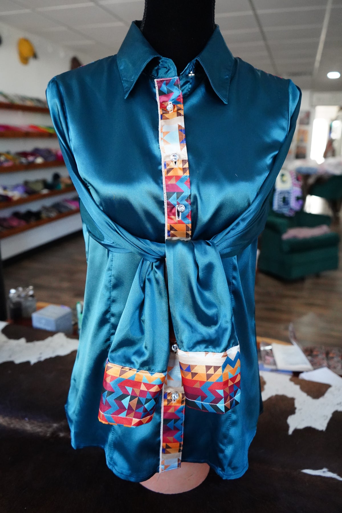 L - Sunrise Aztec on Teal Satin Button Down