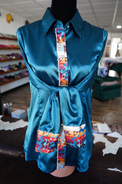 L - Sunrise Aztec on Teal Satin Button Down