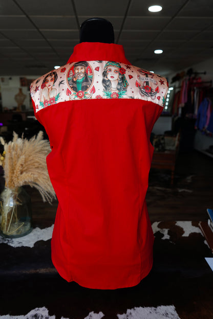 XL - American Traditional Tattoo on Red Cotton Button Down