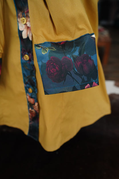 XL - Teal & Mustard Moody Floral on Mustard Cotton Button Down