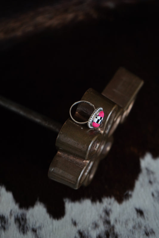 Pink & B/W Checkered Heart Ring - Adj