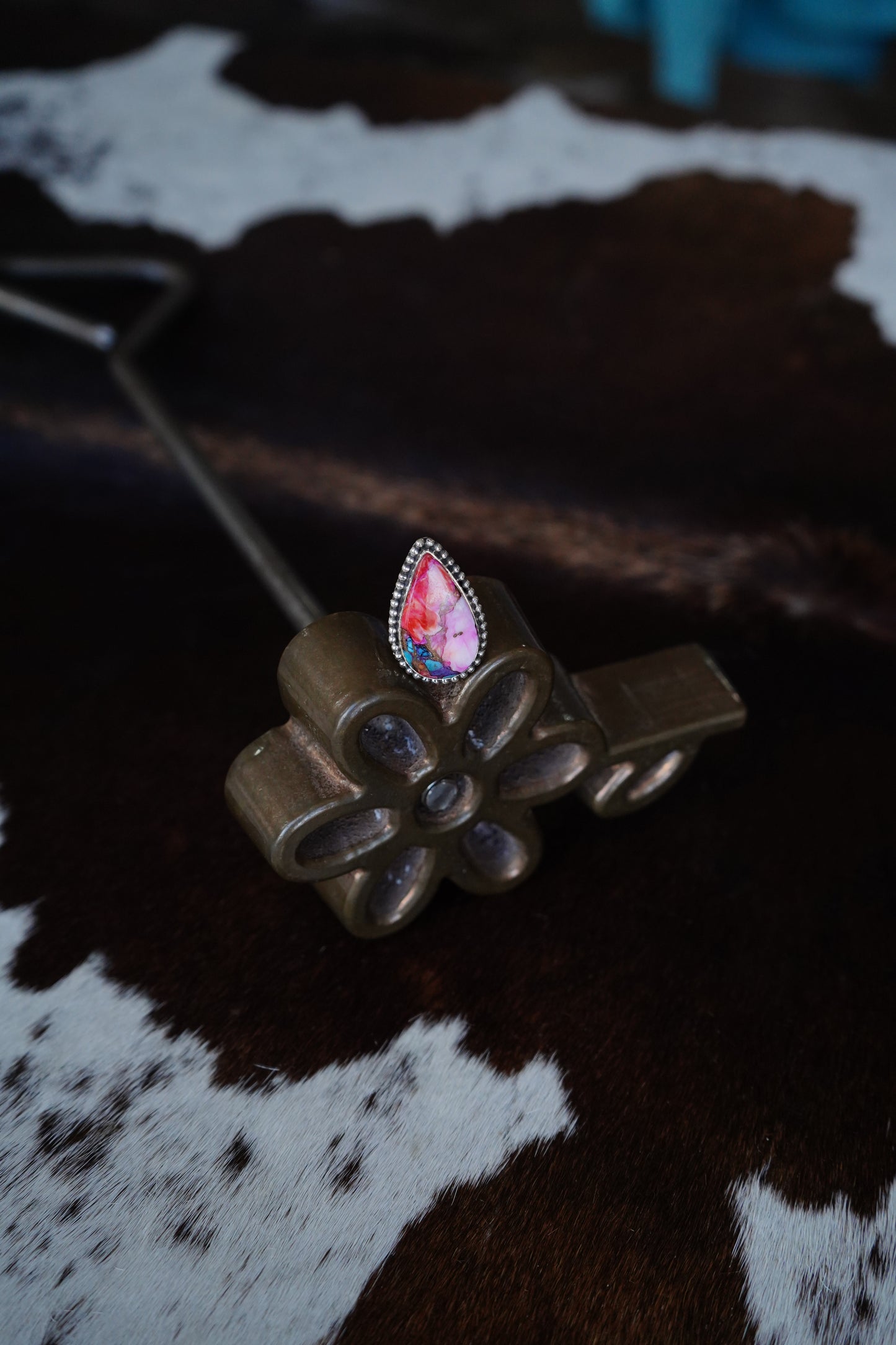 Pink Dahlia Teardrop w/ Beaded Border Ring - Sz 6