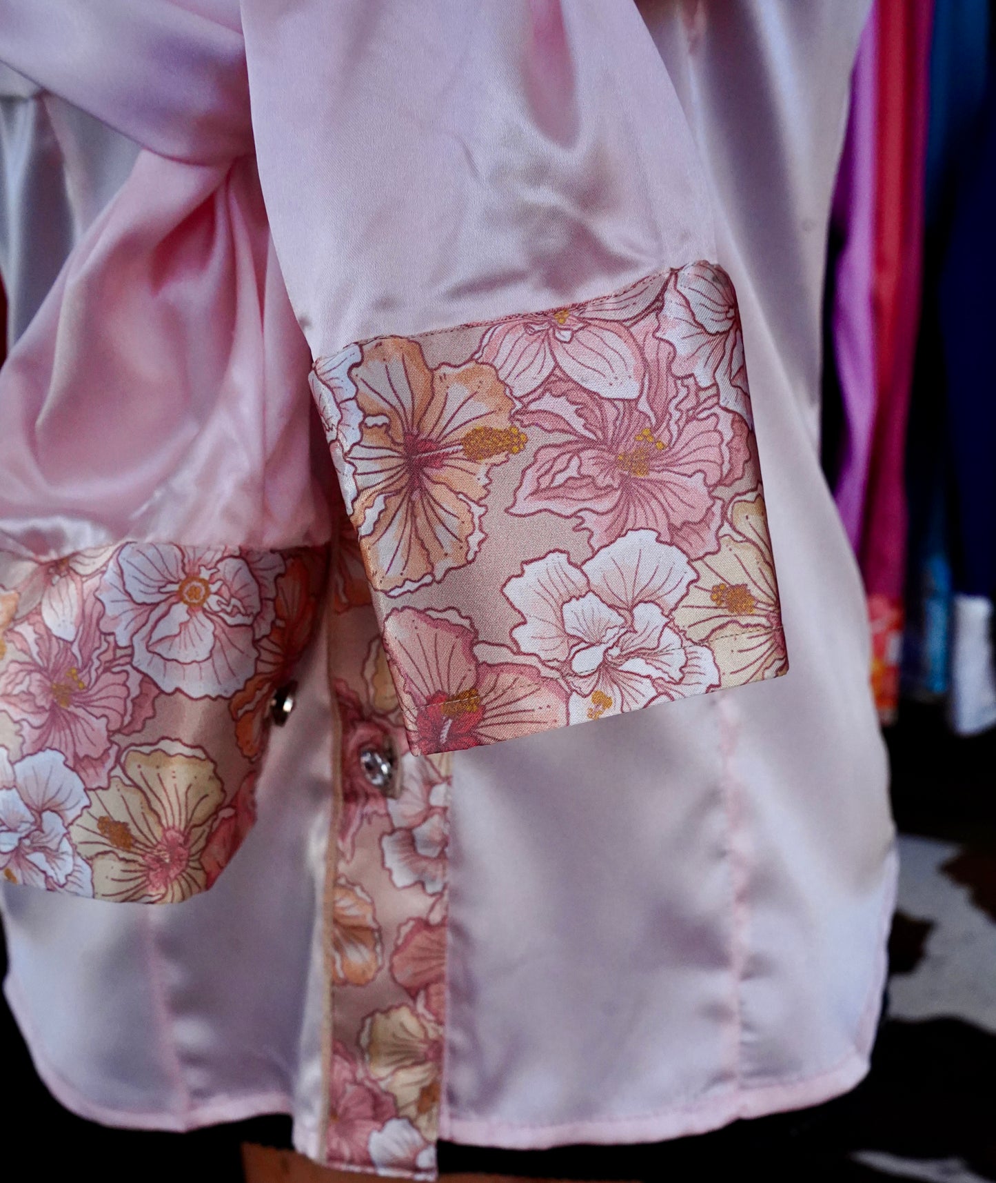 S - Pastel Hibiscus on Light Pink Satin Button Down