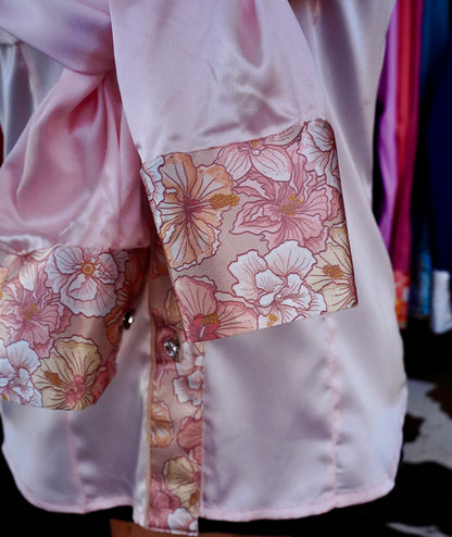 S - Pastel Hibiscus on Light Pink Satin Button Down