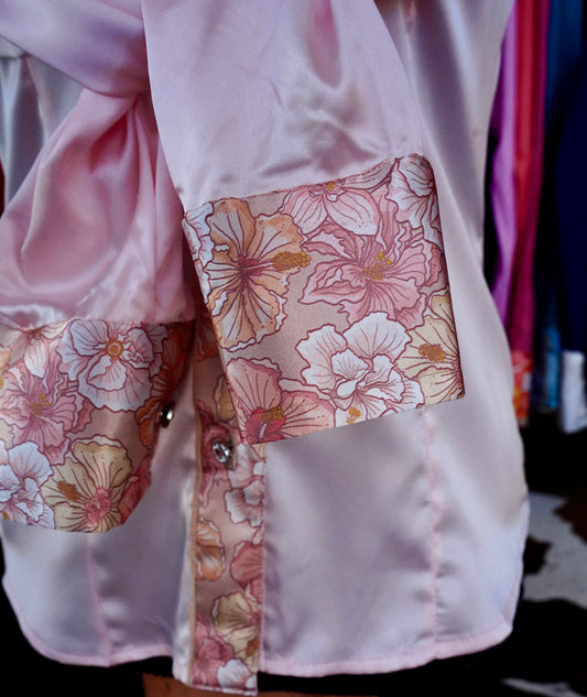 S - Pastel Hibiscus on Light Pink Satin Button Down