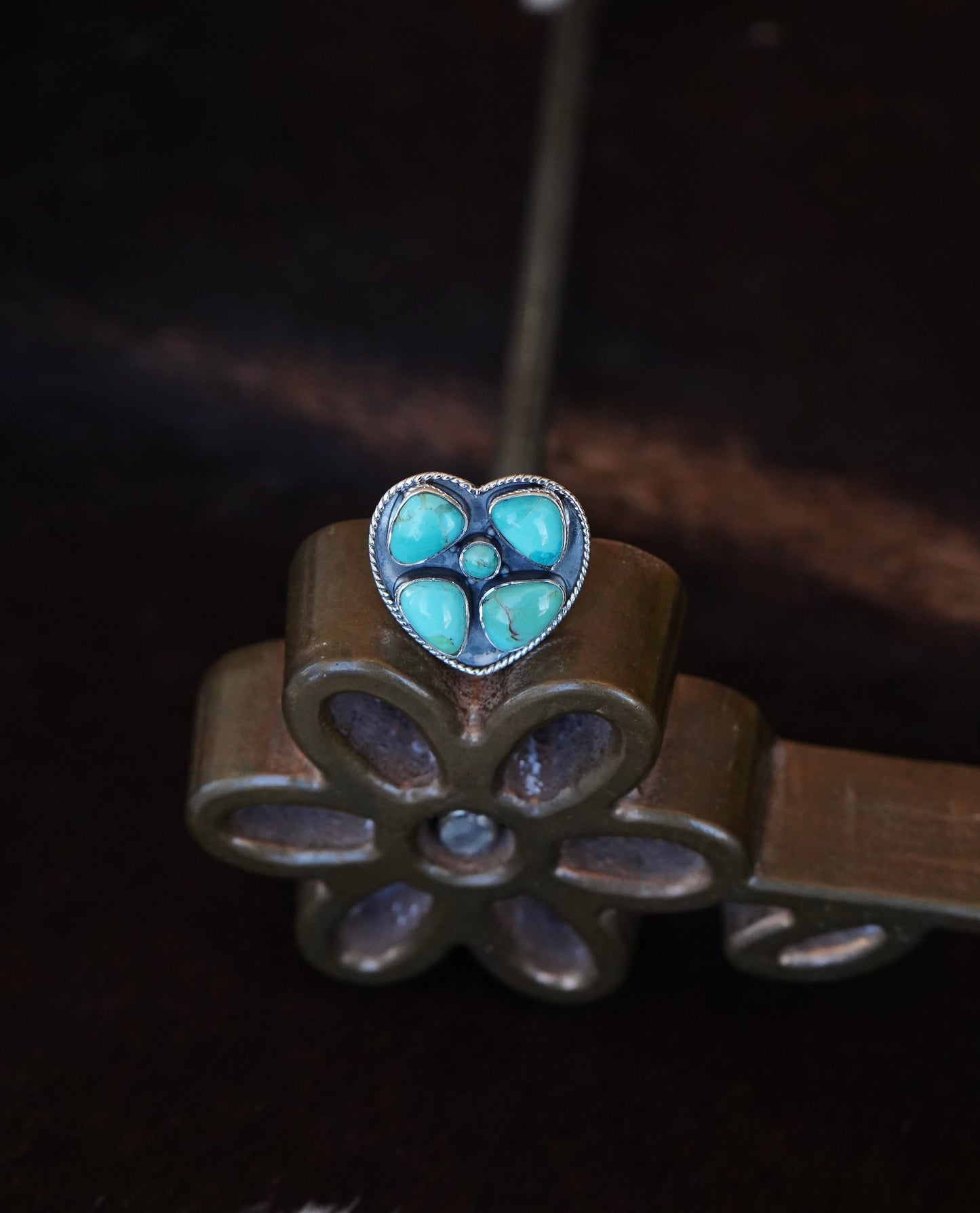 Turquoise Heart Shadow Box Ring - Adj