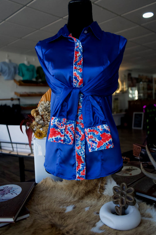 2XL - Royal Blue Satin w/ Patriotic Tie Dye Button Down