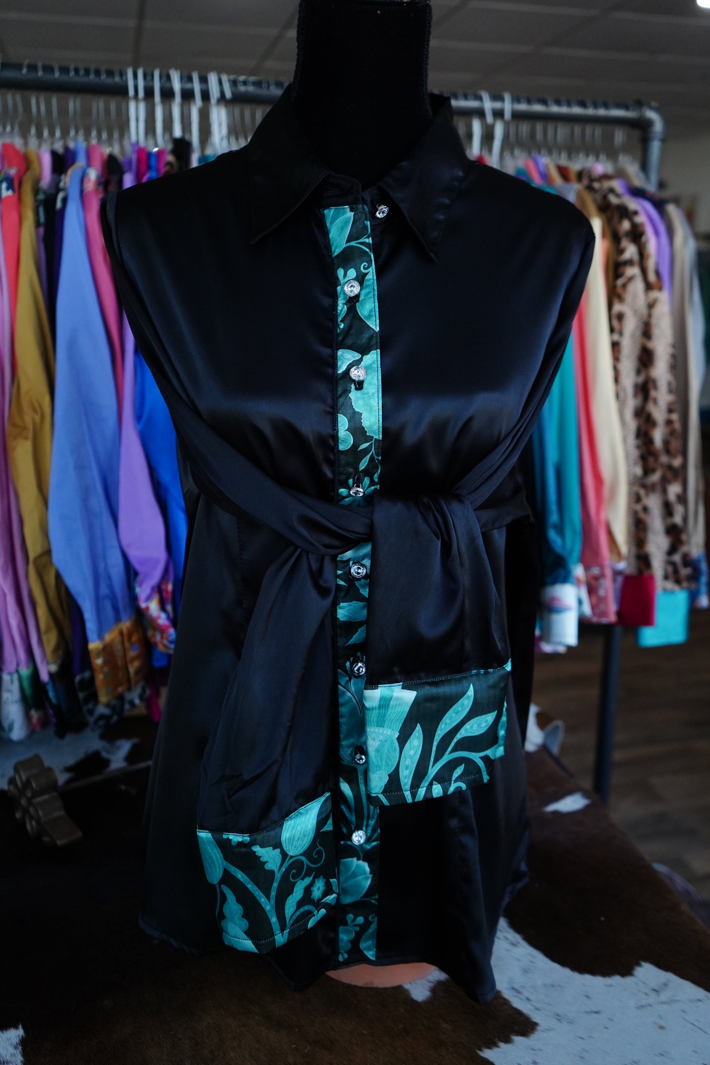 3XL - Turquoise Floral Paisley on Black Satin Button Down