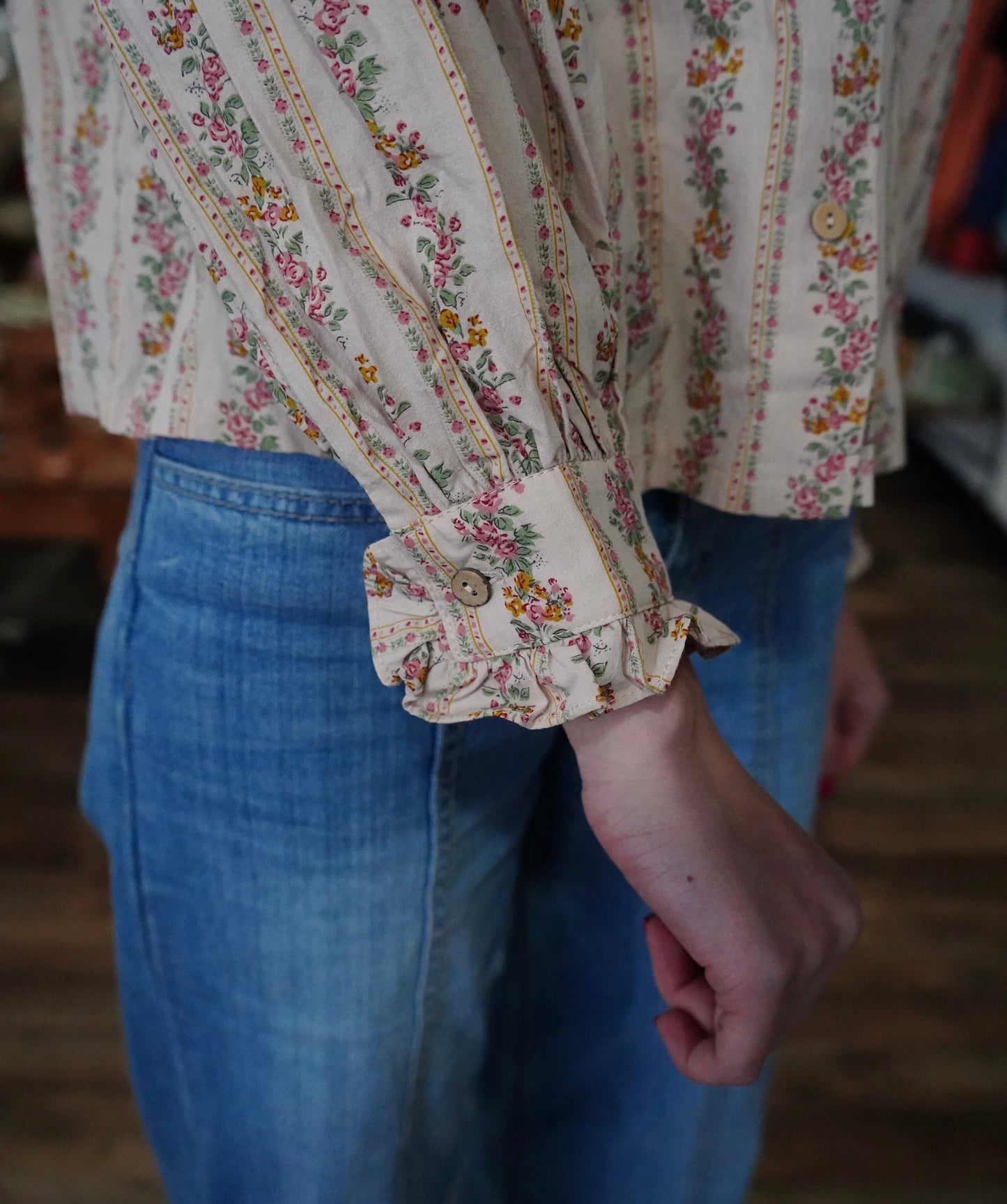 Daisy Floral Stripped Ruffle Button Down