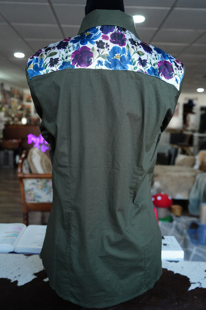 XL - Plum Floral on Olive Cotton Button Down