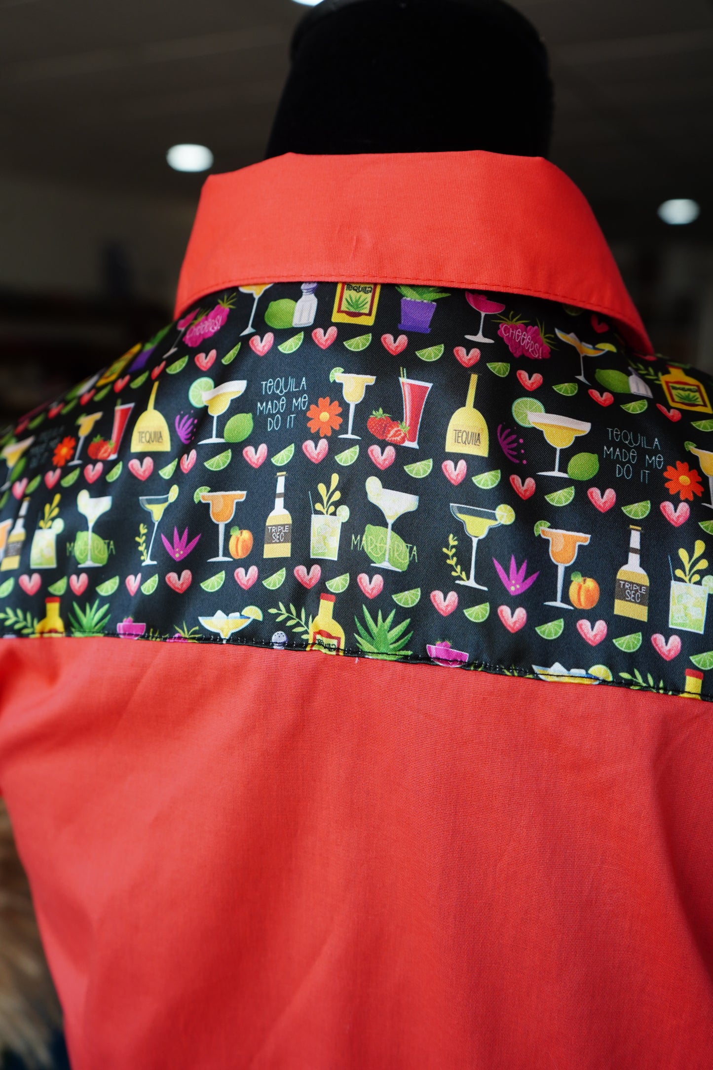 M - Tequila Made Me on Hot Coral Cotton Button Down