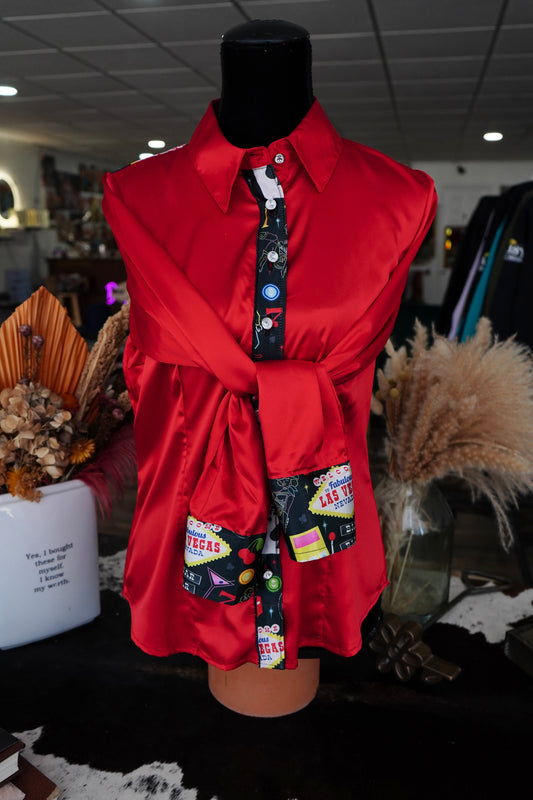 L - Red Satin w/ Black Vegas Button Down