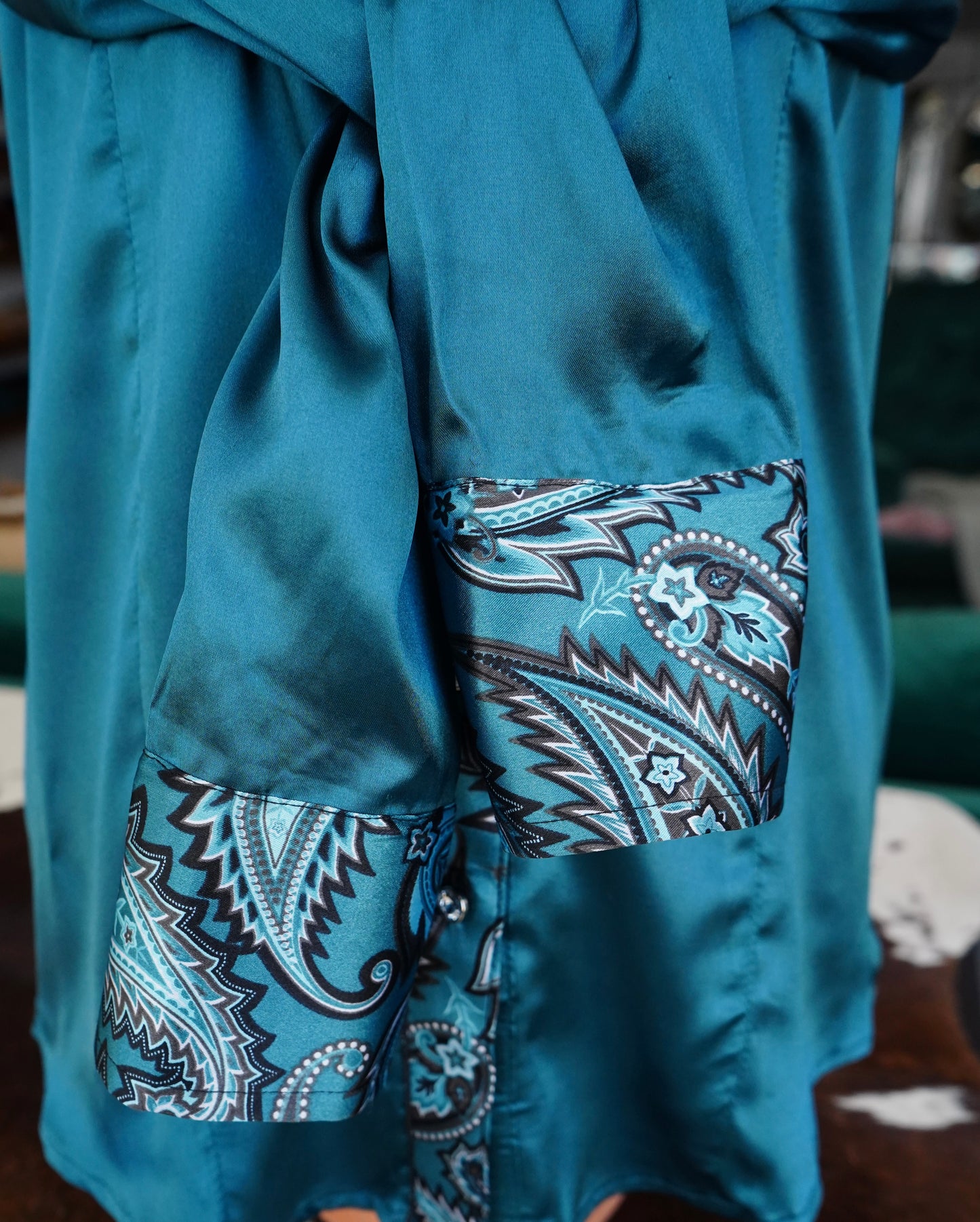 L - Teal Electric Paisley on Teal Satin Button Down