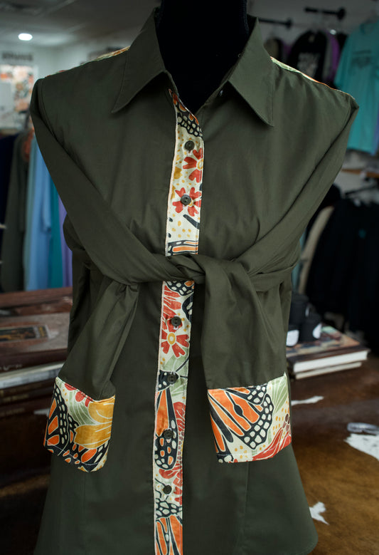 XL - Autumn Monarchs on Olive Cotton Button Down