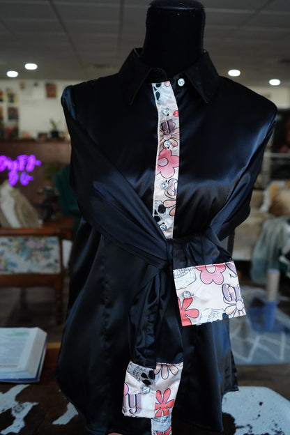 L - Stay Groovy on Black Satin Button Down