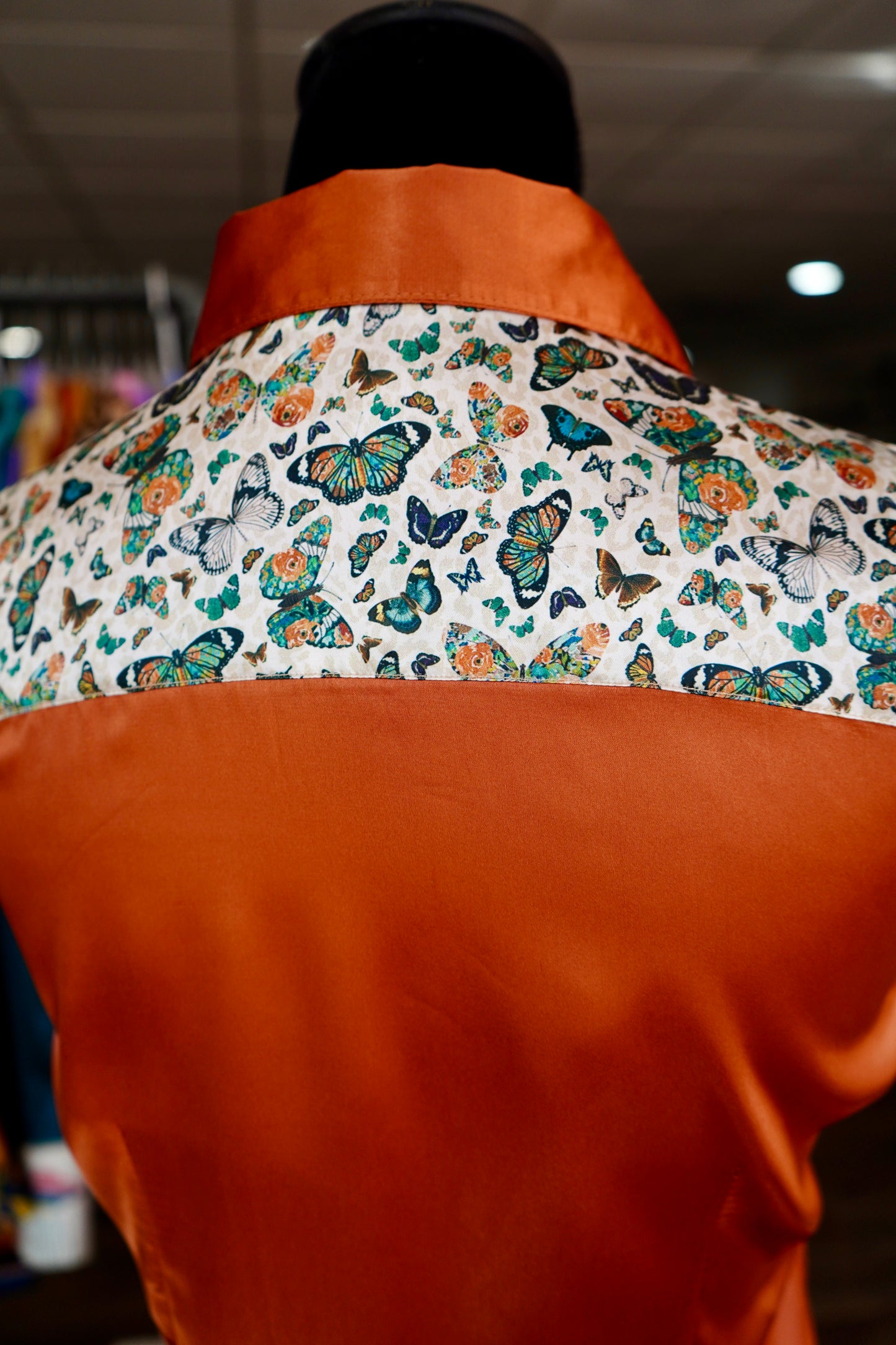 S - Cheetah Butterflies on Rust Satin Button Down