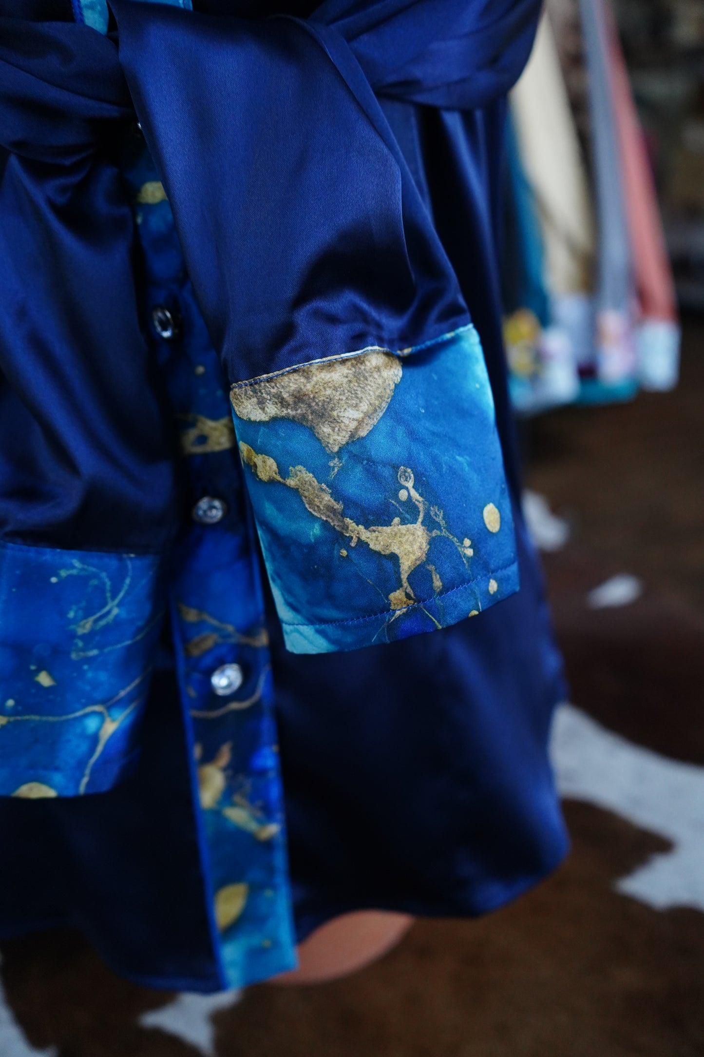 S - Gold, Emerald & Blue Watercolor on Navy Satin Button Down